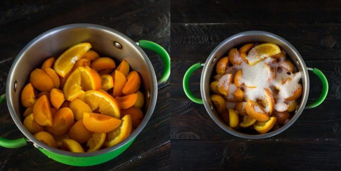 Marmelada iz marelic in pomaranč: sadje, pour sladkorja