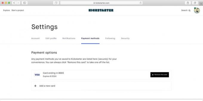 Kako kupiti na Kickstarter: potem se kartica pojavi na seznamu razpoložljivih plačilnih sredstev