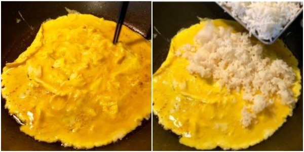 Kako kuhati ocvrt riž z jajcem: Fry jajca in dodamo riž