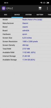 Pregled Xiaomi redmi Opomba 6 Pro: CPU-Z (nadaljevanje)