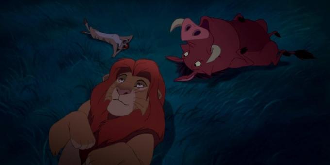 Risanka "The Lion King": Simba, Timon in Pumbaa pod nočno nebo in razmišljati o naravi zvezd
