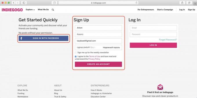 Kako kupiti na Indiegogo: vpišite ime, e-poštni naslov in geslo, ali znak z Facebook