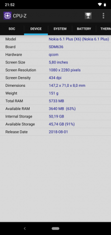 Pregled Nokia 6.1 Plus: CPU-Z (nadaljevanje)