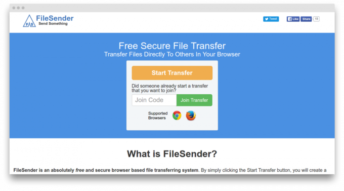 FileSender zaslon