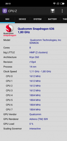 Pregled Xiaomi redmi Opomba 6 Pro: CPU-Z
