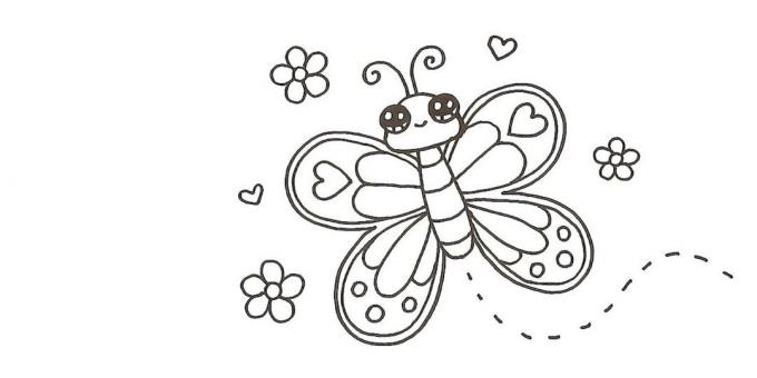 Draw okrog rože metulji in srca, ampak iz telesa - valovita črtkana črta