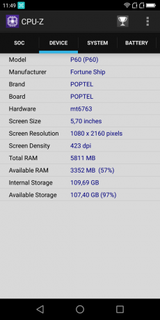 Pregled Poptel P60: CPU-Z (Naprava)