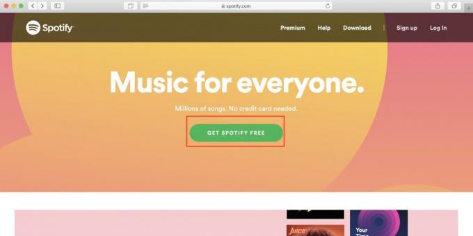 Kako uporabljati Spotify v Rusiji: odprto spletno stran Spotify in kliknite Get Spotify prosti gumb
