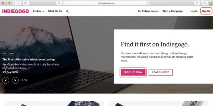 Kako kupiti na Indiegogo: odpre glavno stran storitve in kliknite na povezavo Registracija