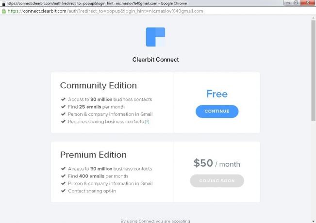 Clearbit Connect: brezplačno in premium računi