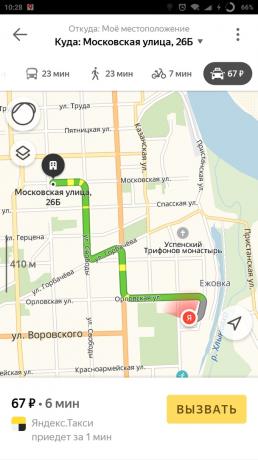 "Yandex. Zemljevid "mesta: taksi