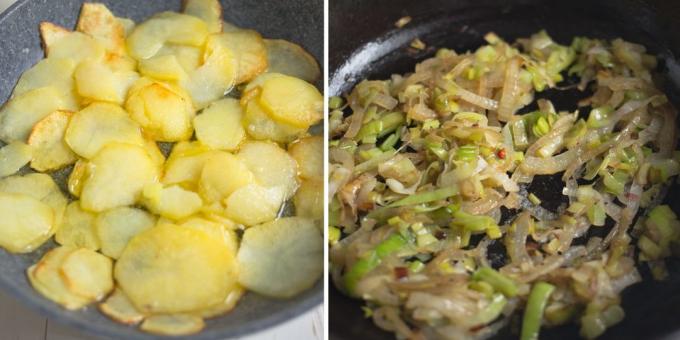 Krompirjeva omleta: prepražimo čebulo in krompir