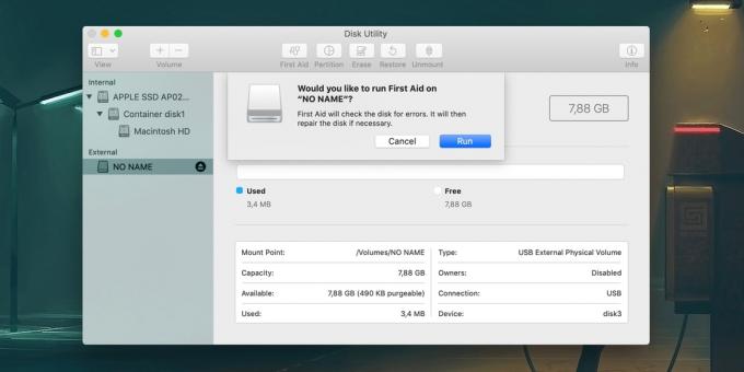 Kako odstraniti zaščito pred pomnilniški ključek ali pomnilniško kartico: preverite ključek v "Disk Utility» (MacOS)