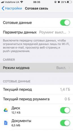 Kako razdeliti internet iz telefona na iOS: aktiviranje "Način modem" preko stikala