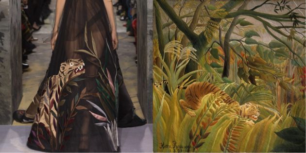 Valentino model in slika Henri Rousseau "Tiger v tropske nevihte"