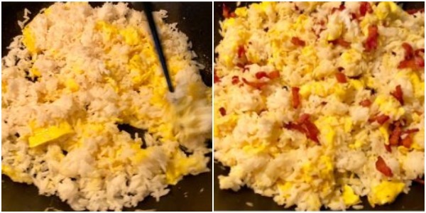 Kako kuhati ocvrt riž z jajcem: Ko je riž segrejemo, dodamo slanino, sol in sojino omako in dobro premešamo