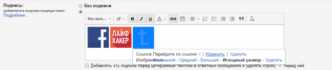 Podpis v Gmailu z ikonami socialnih omrežij