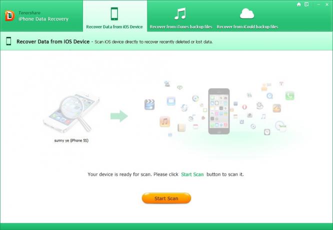 Tenorshare iPhone Data Recovery: Scan začetek