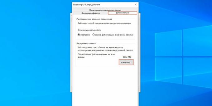 Kako prilagoditi datoteko ostranjevanja sistema Windows 10: kliknite gumb »Spremeni ...«