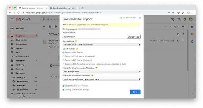 Načini za prenos datotek na Dropbox: kopirati celotno pismo Shrani e-pošte na Dropbox