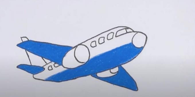 Kako narisati letalo: obkrožite risbo in dodajte modro barvo
