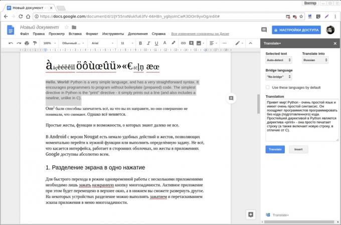 Google Docs add-ons: Prevedi +
