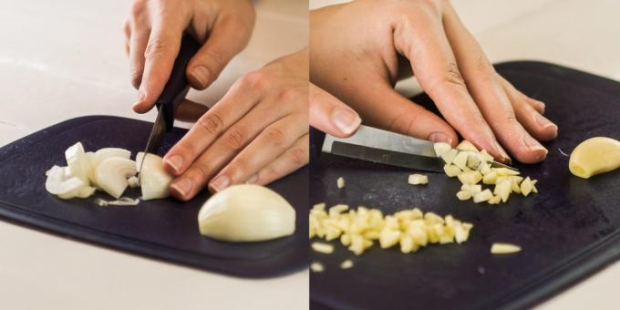 Kako kuhati krompir z mesom: sesekljajte čebulo in česen