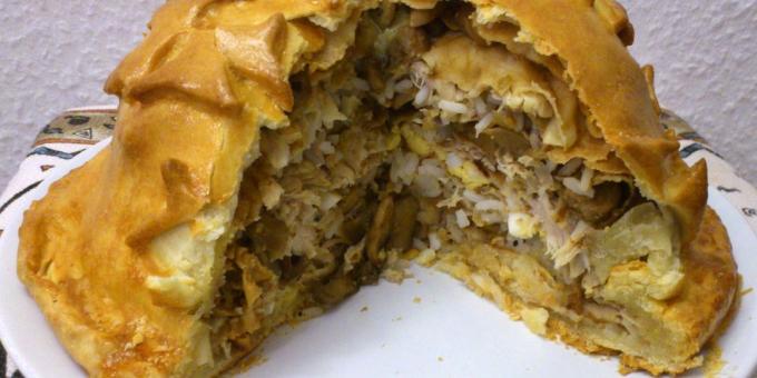 Recept: Kurnik iz nekvašenega testa palačinke, riž, gobe in sir