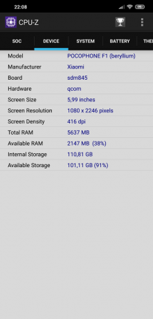 pregleda Xiaomi Pocophone F1: CPU-Z