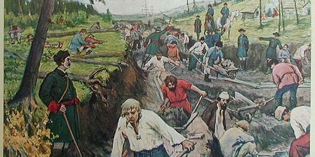 Zgodovina ruskega imperija: gradnja Ladoškega prekopa, risba Aleksandra Moravova in Ivana Sytina, 1910. 