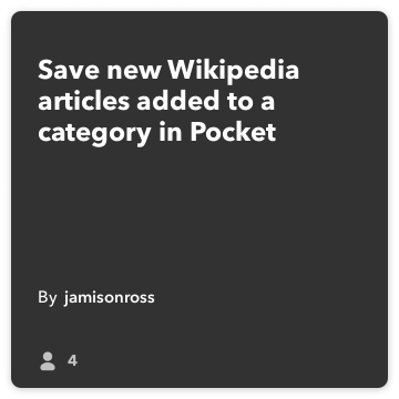 IFTTT Recept: Shrani novo Wikipedia članki dodani kategoriji v žep povezuje Wikipedije žep
