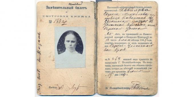 Zgodovina ruskega cesarstva: potrdilo prostitutke za pravico do dela na sejmu v Nižnem Novgorodu v letih 1904-1905.