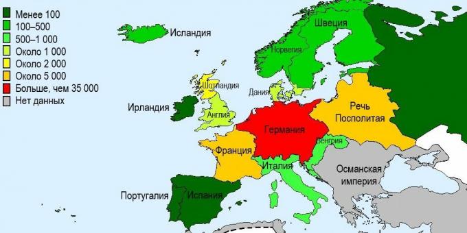 Število pobitih čarovnic v evropskih državah v 15. - 17. stoletju.
