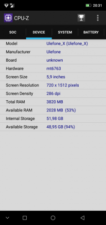 Pregled pametni Ulefone X: CPU-Z