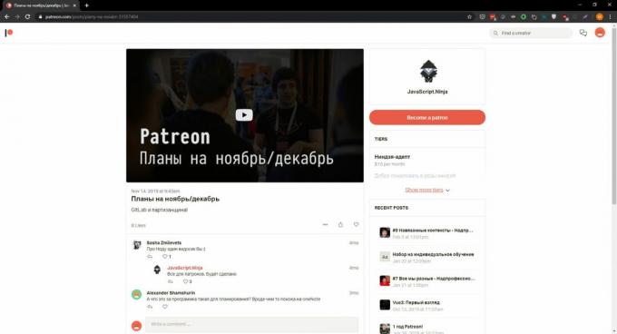 Primer objave na avtorjevi strani Patreon