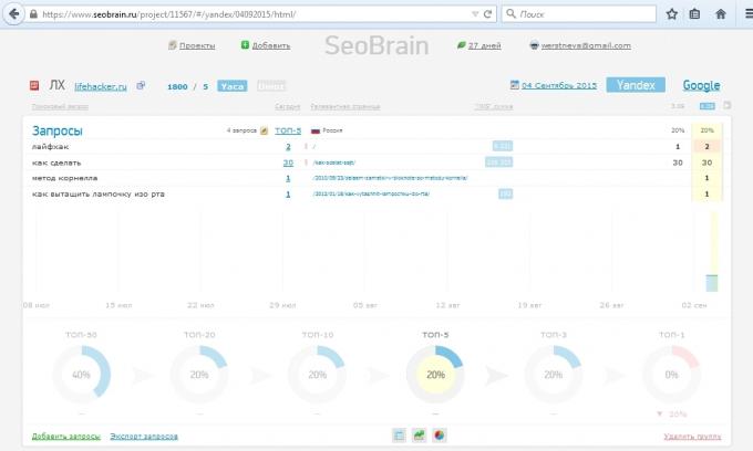 Pregled storitve SeoBrain, poročilo o projektu